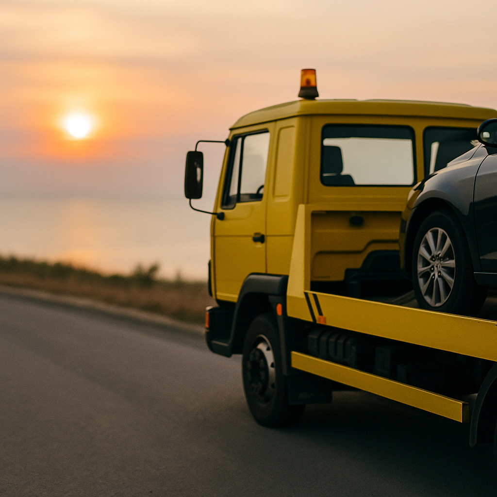 A yellow flatbed tow truck parked near the sea at sunset, with a calm atmosphere and soft natural lighting.