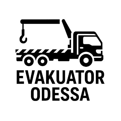 Minimalist logo of a yellow tow truck facing right, with bold uppercase text "EVAKUATOR ODESSA" below, set against a black background using beige lettering.